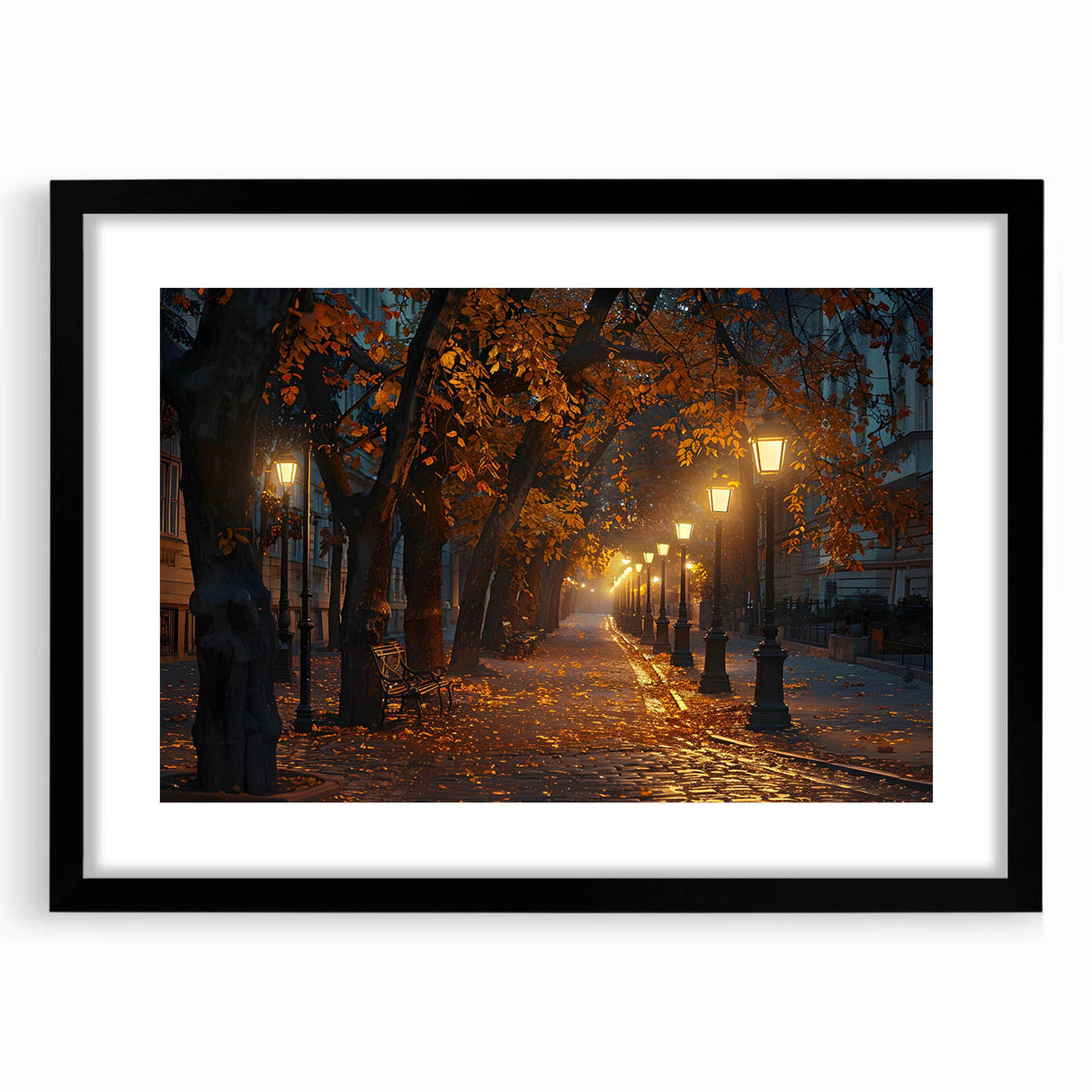 Framed black wall art featuring a scenic landscape design with vibrant colors, set within a sleek black frame and white mat, perfect for home decor.
