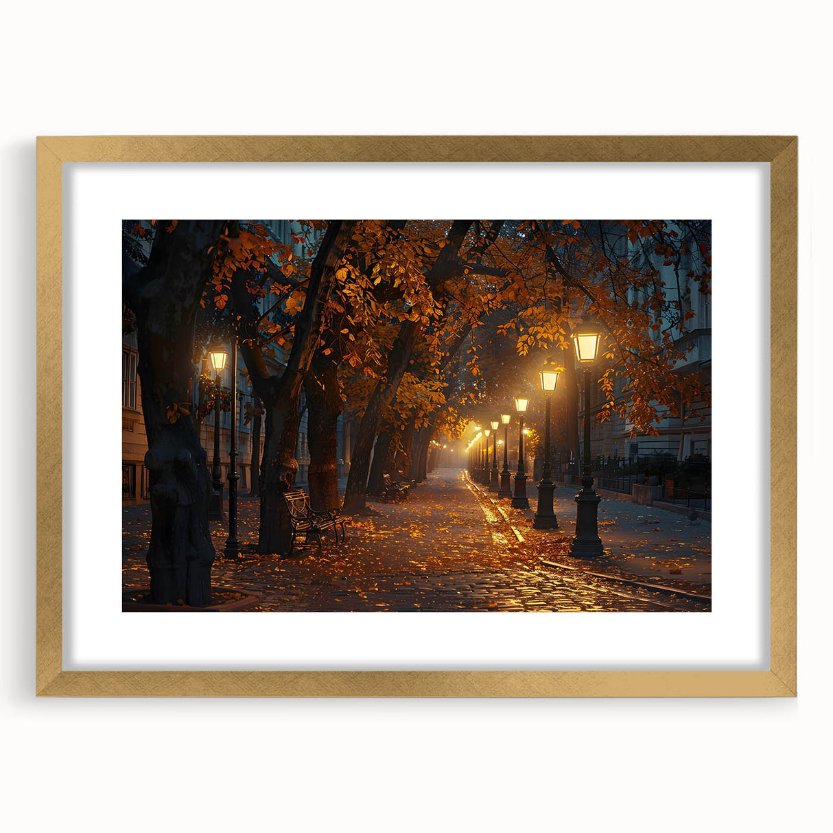 Framed landscape wall art featuring a scenic road design with a gold mat, ideal for home decor and enhancing interior aesthetics. Perfect for modern living spaces.
