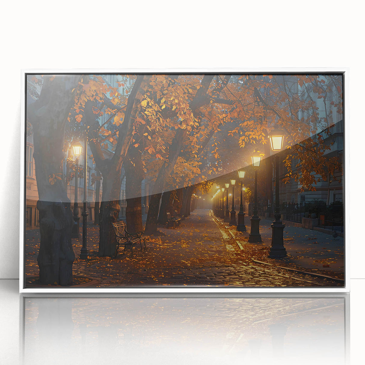 Framed acrylic wall art of a serene landscape featuring winding roads and lush greenery, presented in a sleek white frame, ideal for home decor.