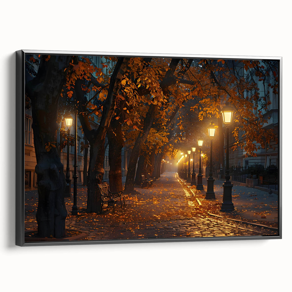 Framed canvas wall art depicting a serene landscape with rolling roads and lush greenery, featuring a sleek black frame, perfect for modern home decor.