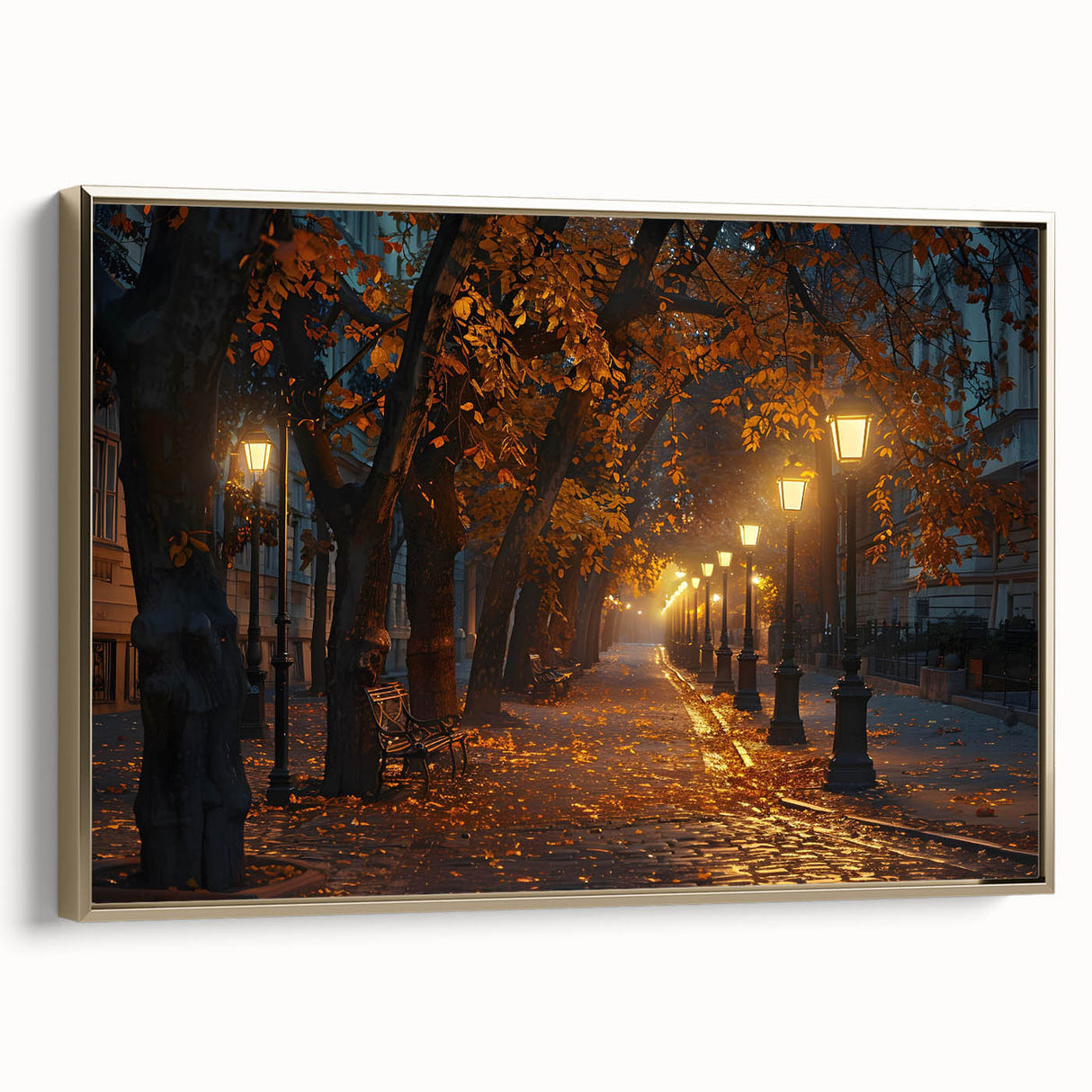 Framed canvas wall art depicting a serene landscape with winding roads and lush greenery, accented by a gold frame, perfect for enhancing modern home decor.