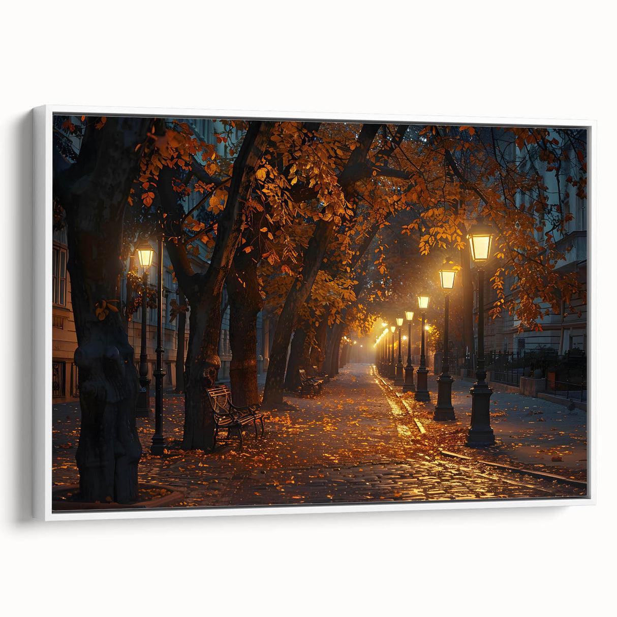 Framed canvas artwork showcasing a serene landscape road design, featuring vibrant colors and intricate details, set against a white background for a modern touch.
