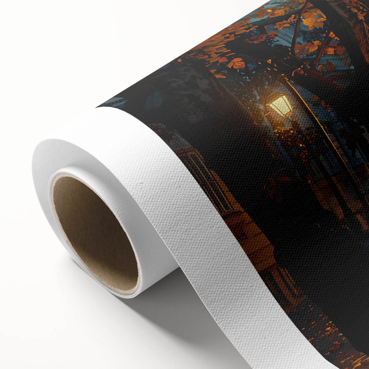 Rolled canvas art showcasing a serene landscape road design in vibrant colors, perfect for home decor, elegantly packaged in a protective cardboard tube.