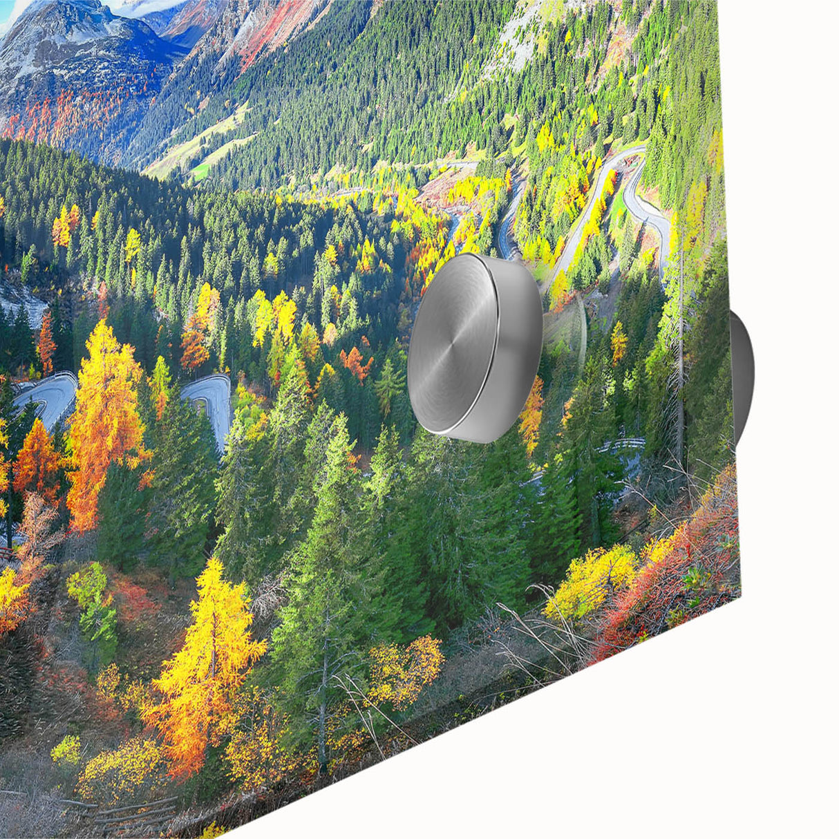 Close-up of an acrylic glass artwork showcasing a vibrant landscape road design, ideal for modern home decor, emphasizing its rich colors and intricate details. This wall art adds a contemporary touch to any space, perfect for art enthusiasts.