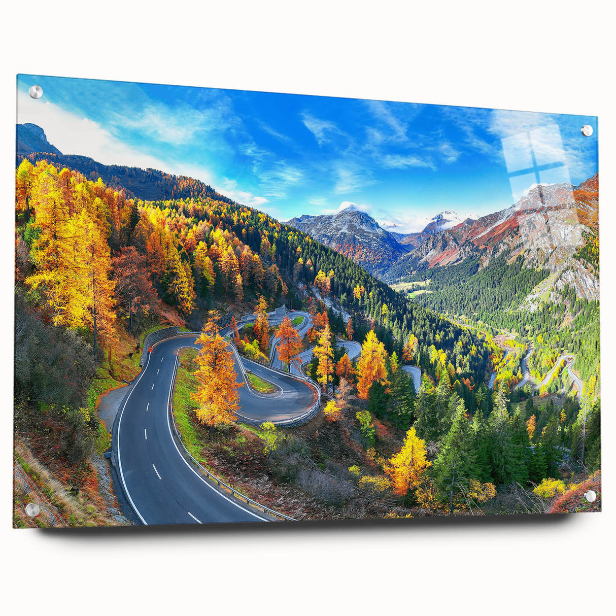 Acrylic glass wall art depicting a road landscape design, showcasing vibrant colors and intricate details, displayed in a side view with decorative pins for mounting.