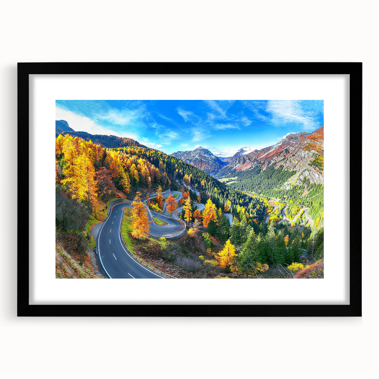 Framed wall art showcasing a stunning landscape road design in a sleek black frame with a white mat, perfect for home or office decor. Ideal for art enthusiasts seeking to enhance their space with modern aesthetics.