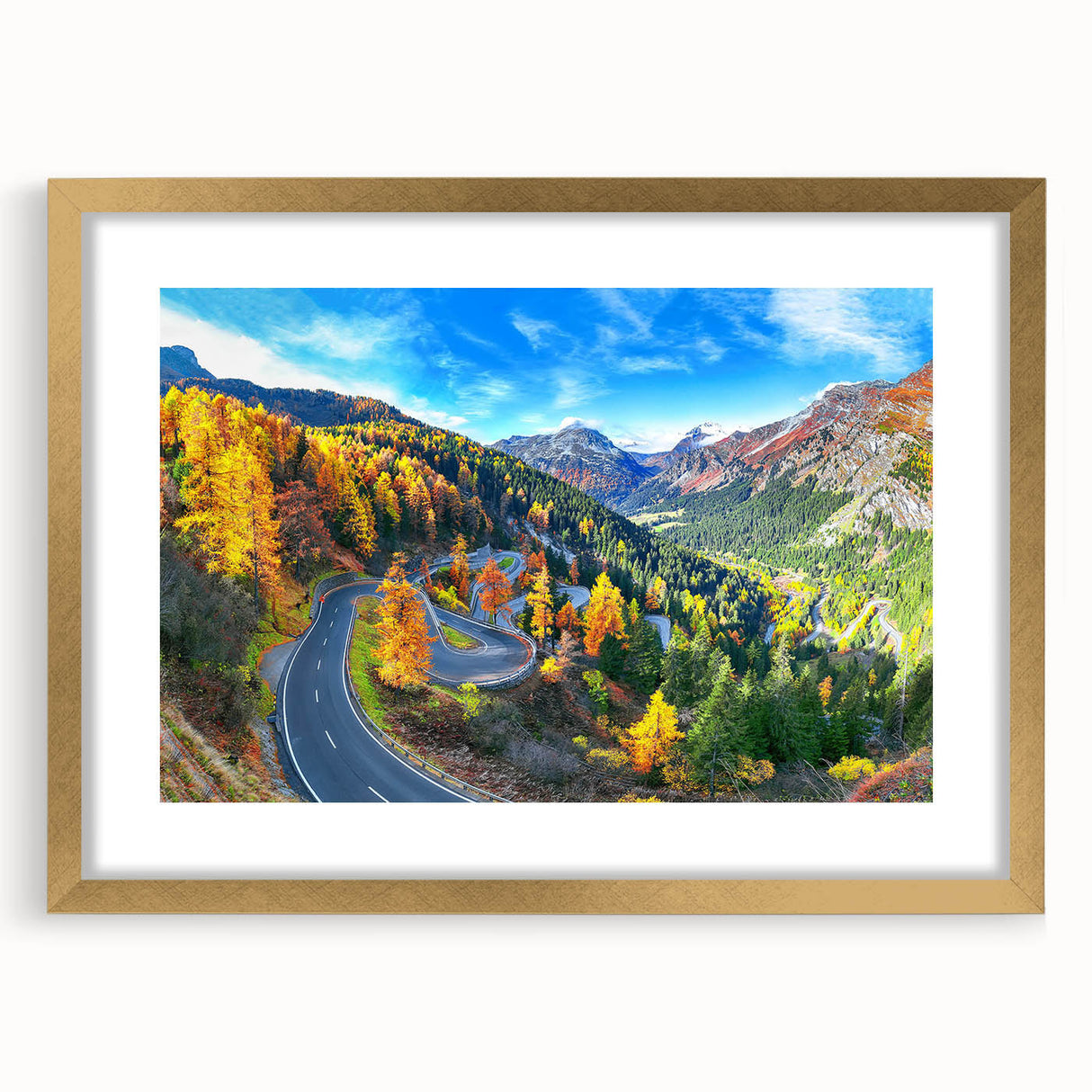 Gold-framed wall art showcasing a stunning landscape road design, elegantly matted for a polished look. Perfect for enhancing modern home decor with a touch of elegance.