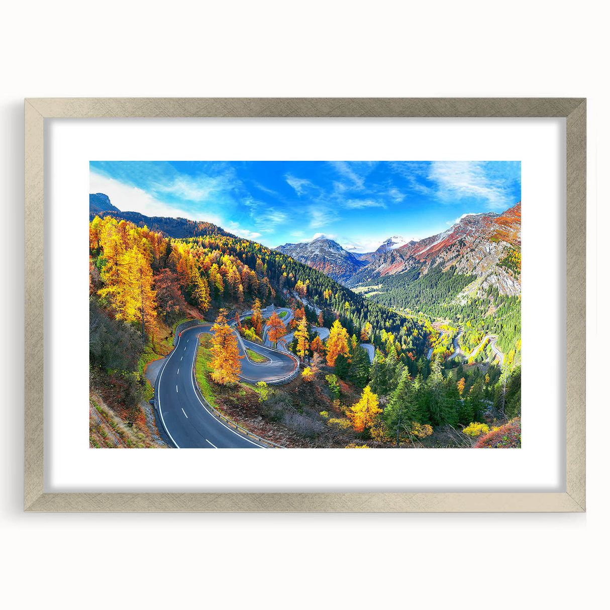 Silver-framed wall art collection showcasing a scenic landscape road design, featuring a sleek mat. Perfect for enhancing modern home decor with natural imagery.