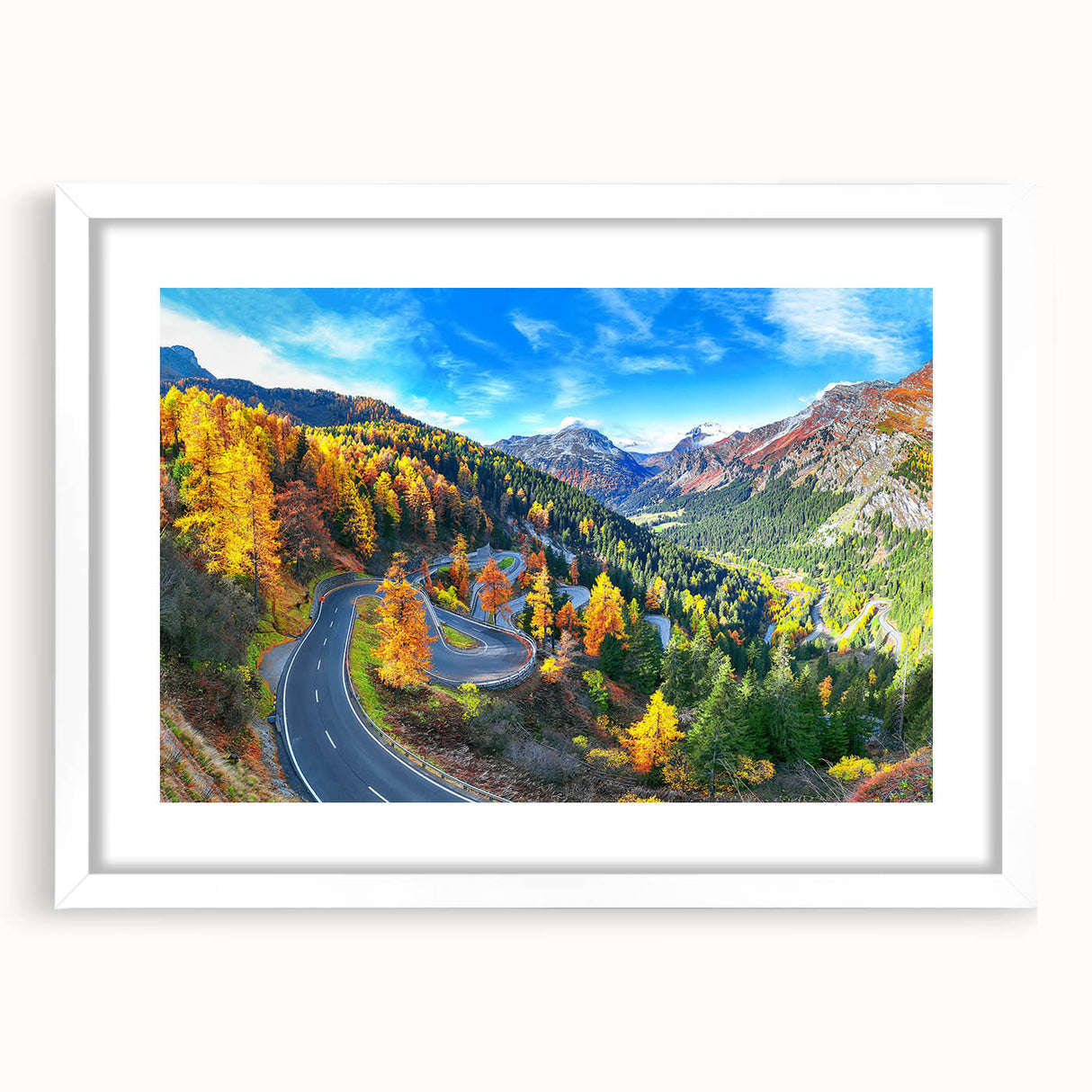 Framed landscape wall art featuring a serene road design with a white mat, showcasing a modern aesthetic ideal for home or office decor. Perfect for enhancing interior spaces.