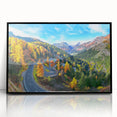 Framed acrylic wall art showcasing a scenic road landscape design, featuring vibrant colors and a sleek black frame, ideal for modern home decor.