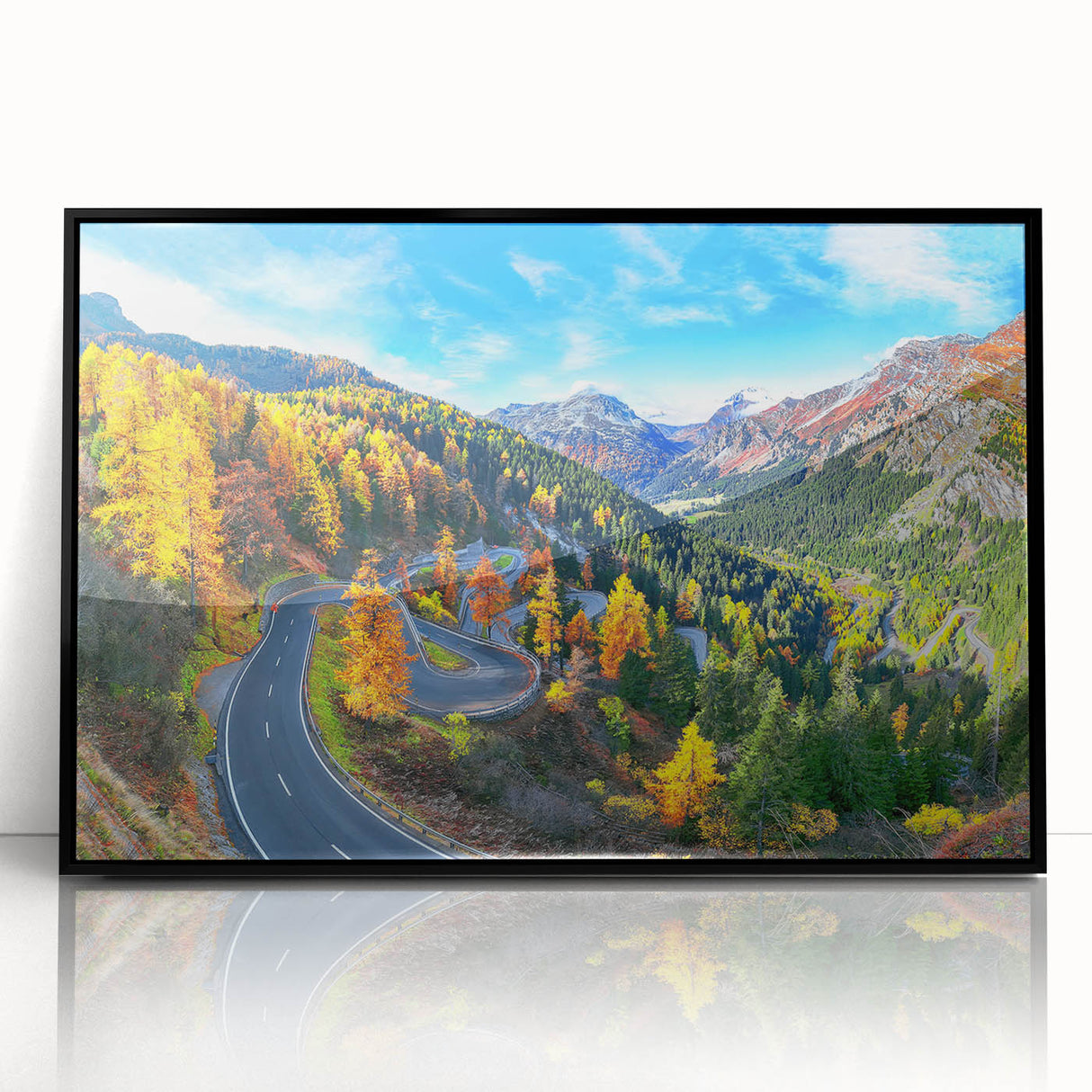 Framed acrylic wall art showcasing a scenic road landscape design, featuring vibrant colors and a sleek black frame, ideal for modern home decor.