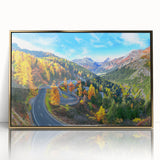 Framed wall art featuring a stunning landscape road design, highlighted with gold accents, showcasing vibrant colors and intricate details, perfect for home decor.