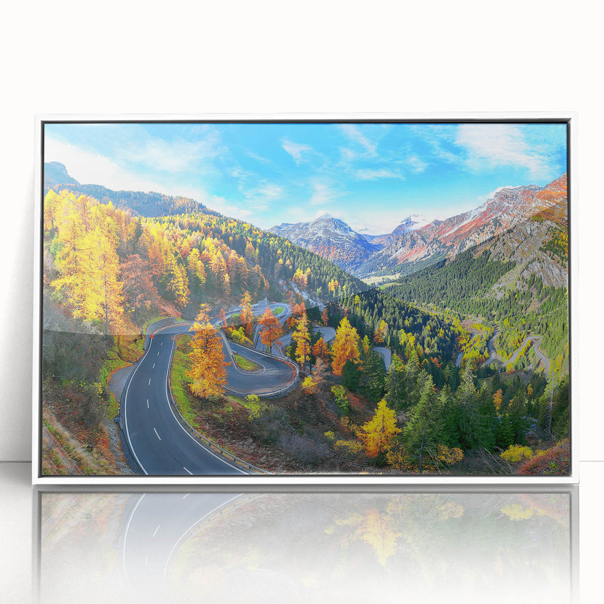 Framed acrylic wall art featuring a scenic landscape with winding roads, set against a white background, ideal for modern home decor and office spaces.