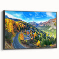 Framed canvas wall art showcasing a modern landscape design with a winding road, featuring rich colors and a sleek black frame, perfect for home decor.