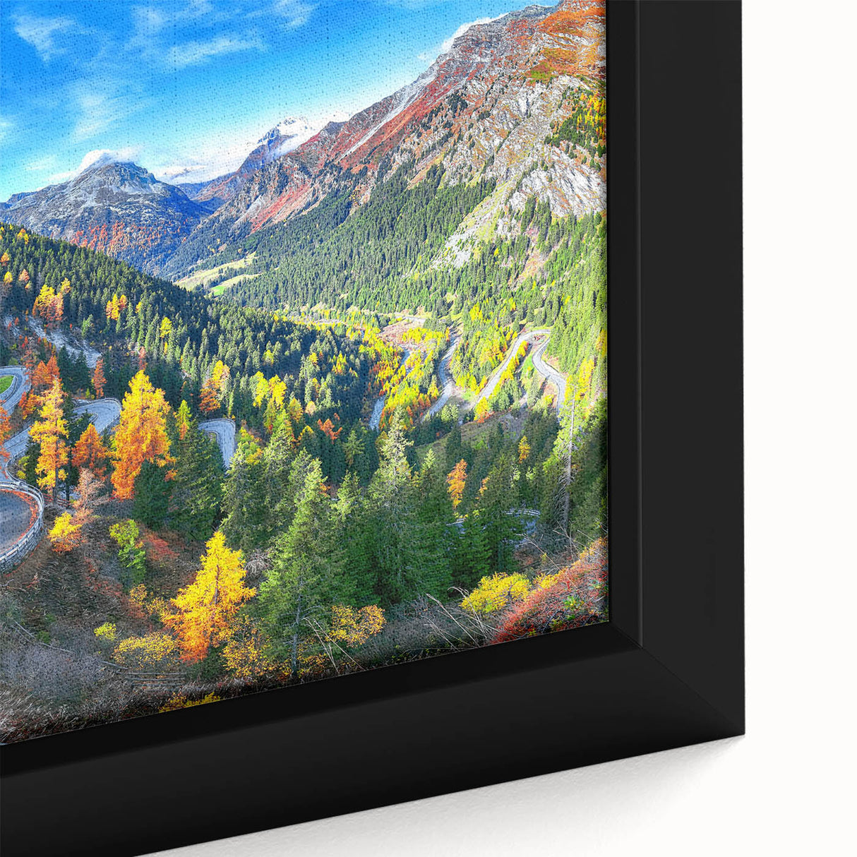 Framed canvas wall art showcasing a vibrant landscape with winding roads and lush greenery, ideal for home decor. Close-up details highlight the artwork's rich colors and intricate textures.