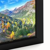Framed canvas wall art showcasing a vibrant landscape with winding roads and lush greenery, ideal for home decor. Close-up details highlight the artwork's rich colors and intricate textures.