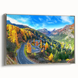 Framed canvas wall art featuring a serene landscape with winding roads and vibrant greenery, elegantly presented with a silver frame, perfect for home decor.