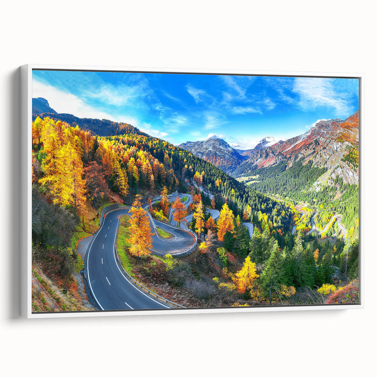 Framed canvas wall art showcasing a picturesque landscape with winding roads, featuring vibrant colors and a contemporary design, perfect for modern home decor.