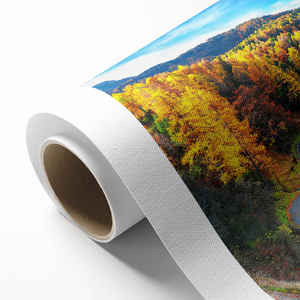 Rolled canvas artwork showcasing a vibrant landscape with winding roads and lush greenery, designed for modern home decor. Perfect for adding color and character to any space.