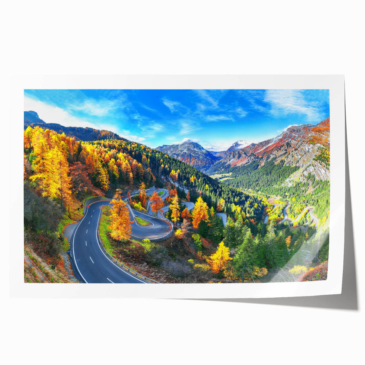 Rolled print of a serene landscape featuring winding roads and lush greenery, designed for wall art, showcasing vibrant colors and intricate details, perfect for home décor.