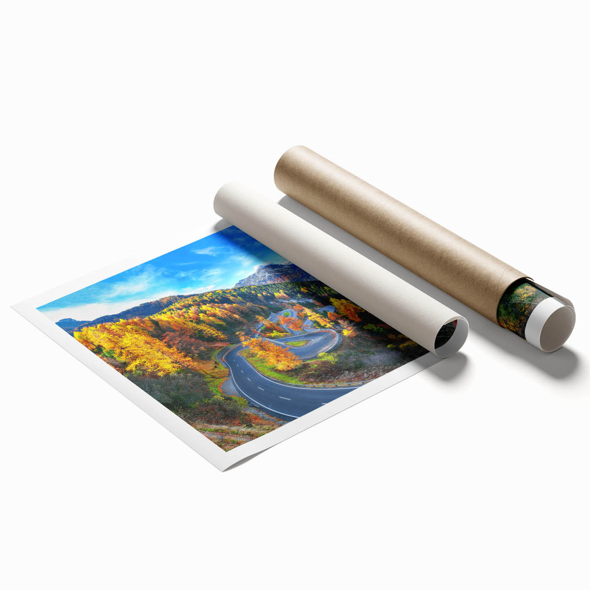 Rolled print of a vibrant landscape road design, showcasing rich colors and intricate details, ideal for modern home decor, packaged securely in a protective tube.