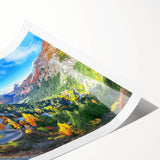 Rolled print showcasing a vibrant landscape road design, featuring rich colors and intricate details, rolled for easy transport and display in home decor.