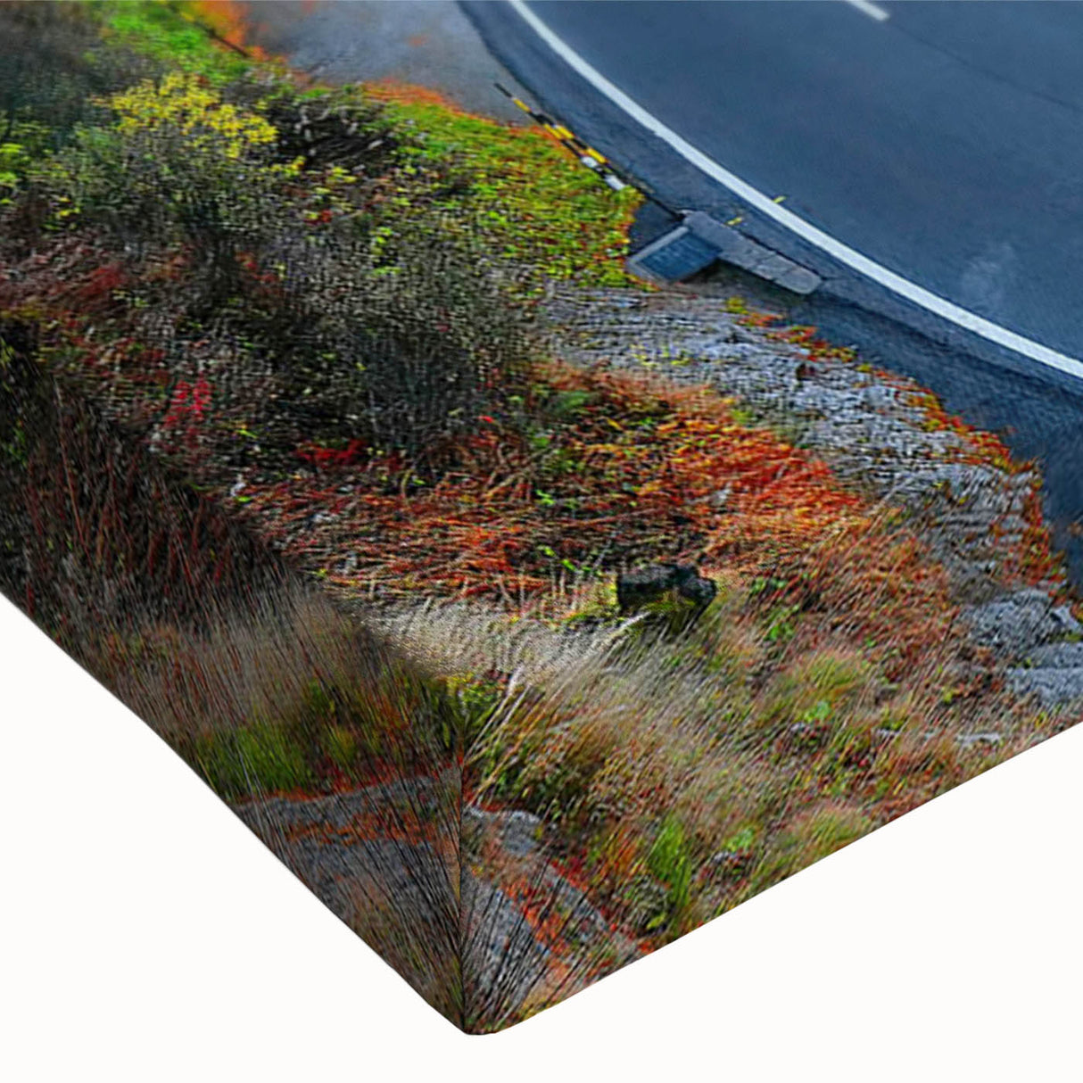 Close-up of a stretched canvas featuring a vibrant landscape road design, showcasing rich colors and intricate details, perfect for contemporary wall art decor.