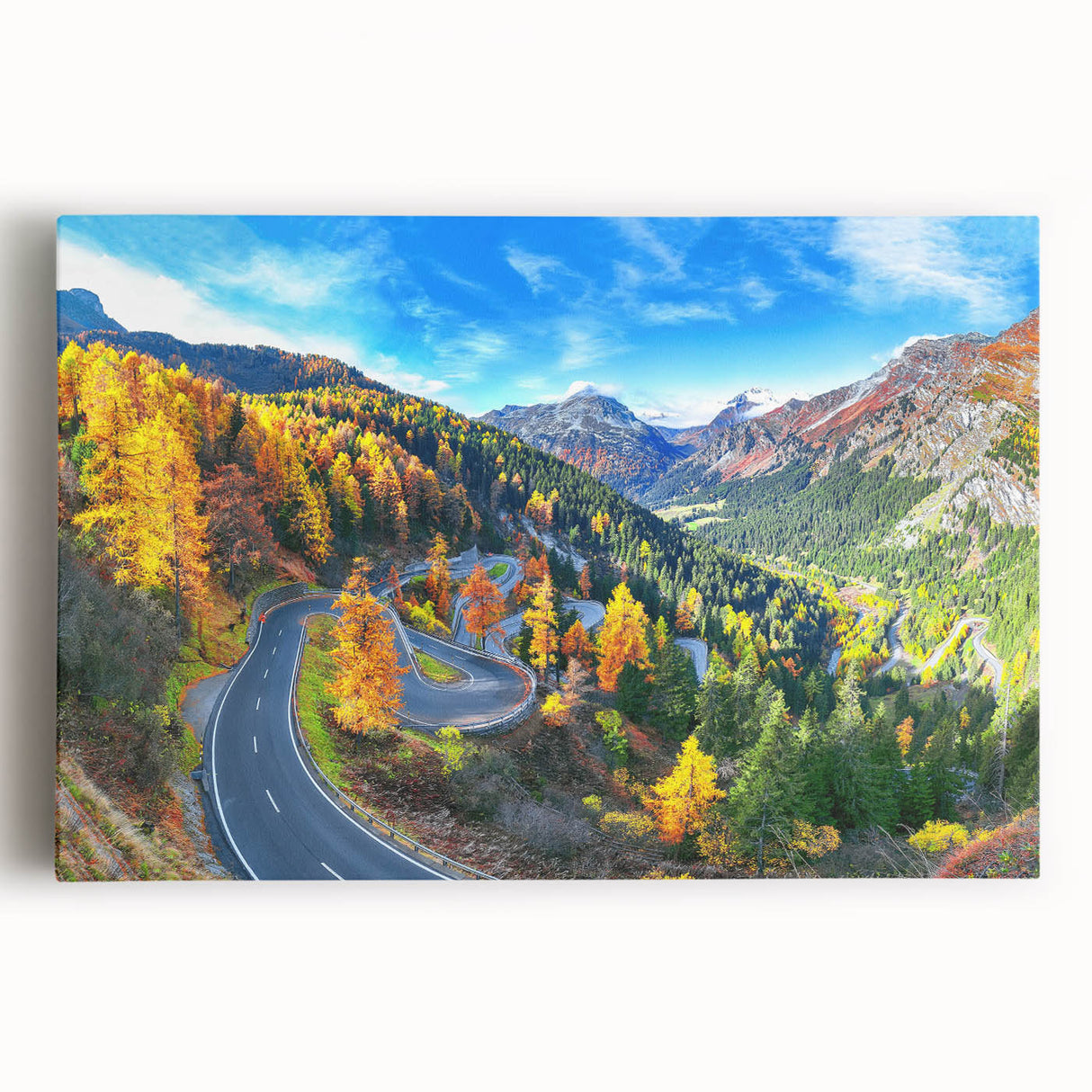 Stretched canvas artwork showcasing a scenic landscape road design, featuring vibrant colors and intricate details, perfect for modern home decor.