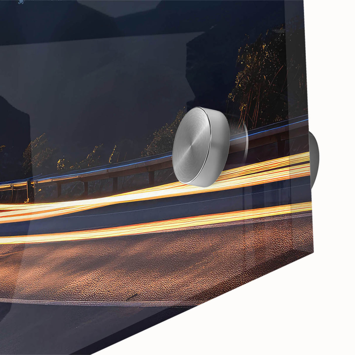 Close-up of a vibrant acrylic glass wall art piece showcasing a stunning landscape road design, featuring rich colors and intricate textures, perfect for modern decor.