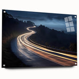 Acrylic glass wall art design showcasing a vibrant landscape with winding roads and lush greenery, presented in a side view with stylish pins for hanging. This piece adds a modern touch to any space, perfect for nature lovers seeking unique decor.