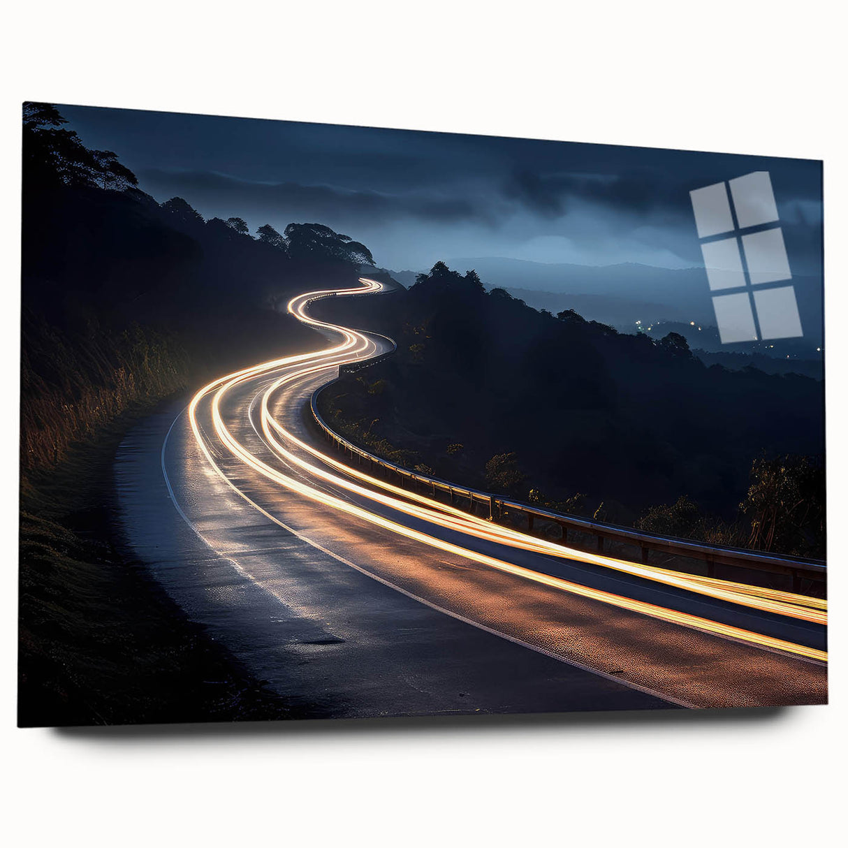 Acrylic glass wall art piece showcasing a vibrant landscape road design, featuring rich colors and intricate details, ideal for modern home decor or office settings.