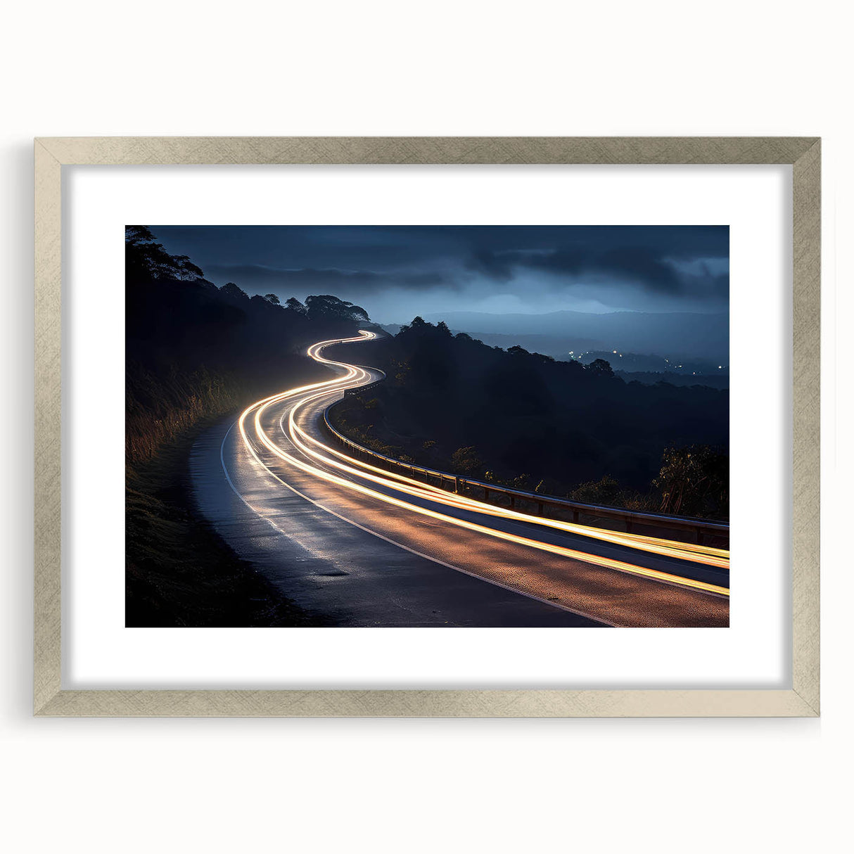 Framed silver wall art featuring a serene landscape with a winding road, designed to enhance home decor. Ideal for modern living spaces, adding elegance and tranquility.