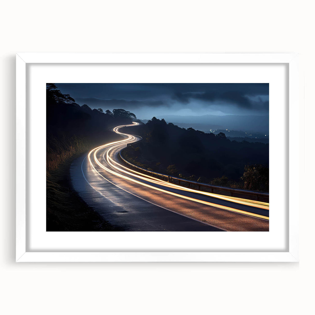 Framed wall art collection showcasing a serene landscape road design, featuring a white mat and sleek frame, ideal for enhancing modern interior decor.