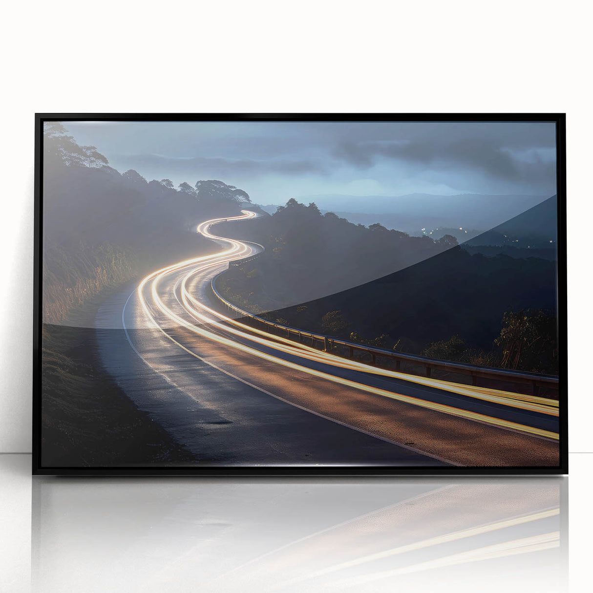 Framed acrylic wall art showcasing a stunning black and white landscape of winding roads, ideal for modern home decor. The artwork adds a touch of elegance to any living space.