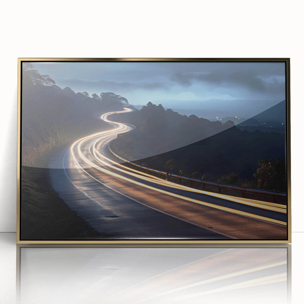 Framed acrylic wall art featuring a vibrant landscape of winding roads and golden accents, perfect for home decor, adding elegance and depth to any room.