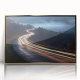 Framed acrylic wall art featuring a vibrant landscape of winding roads and golden accents, perfect for home decor, adding elegance and depth to any room.