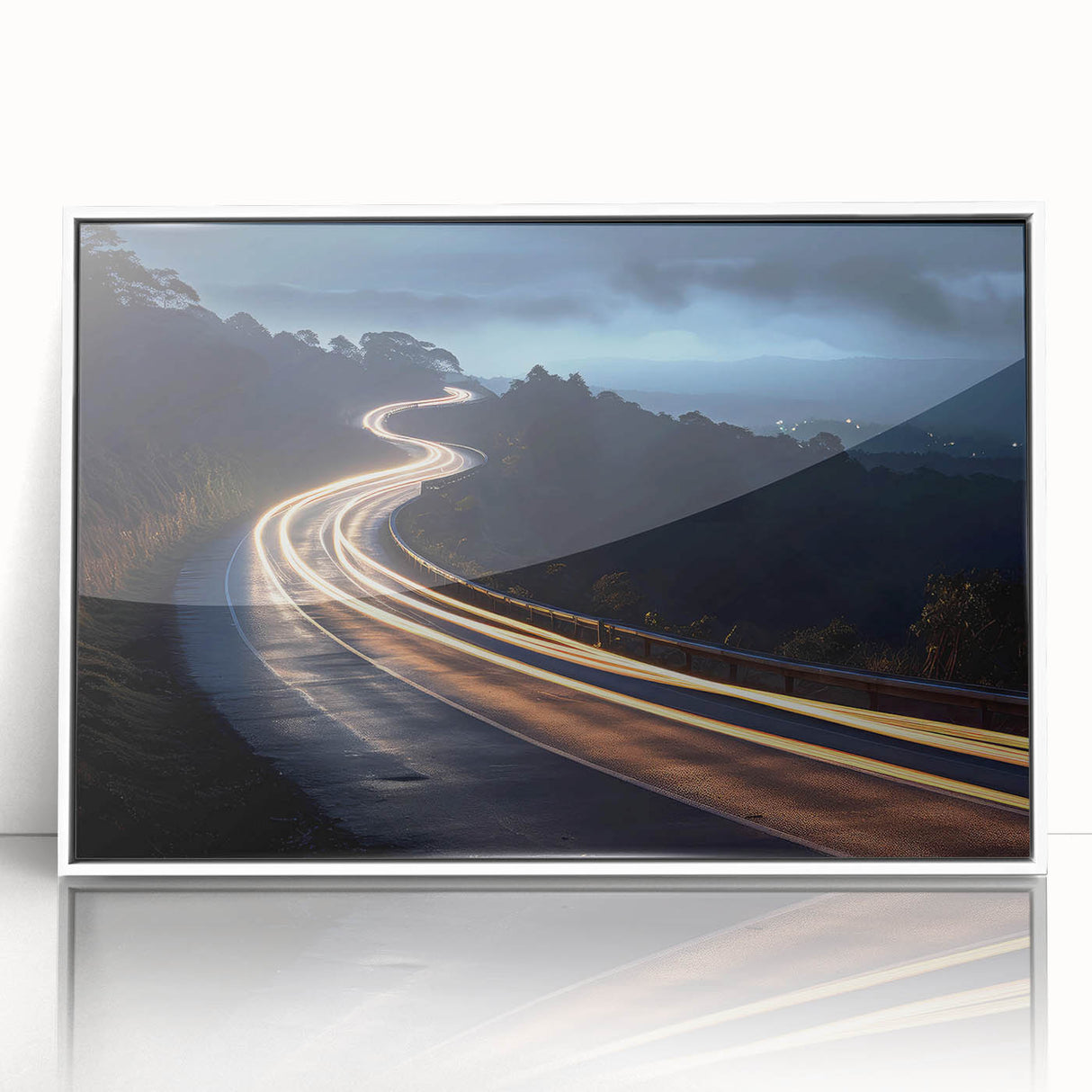 Framed acrylic wall art featuring a serene landscape with winding roads and vibrant greenery, presented in a sleek white frame for an elegant home decor accent.