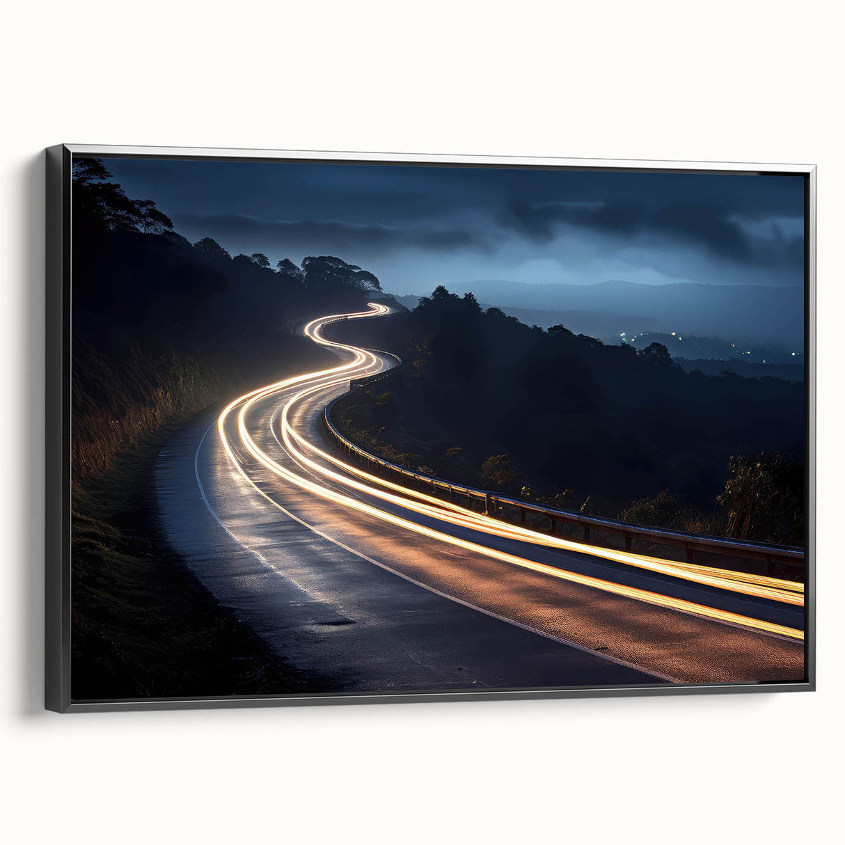 Framed canvas wall art showcasing a scenic landscape with winding roads, featuring a black frame and vibrant colors, perfect for enhancing modern decor.