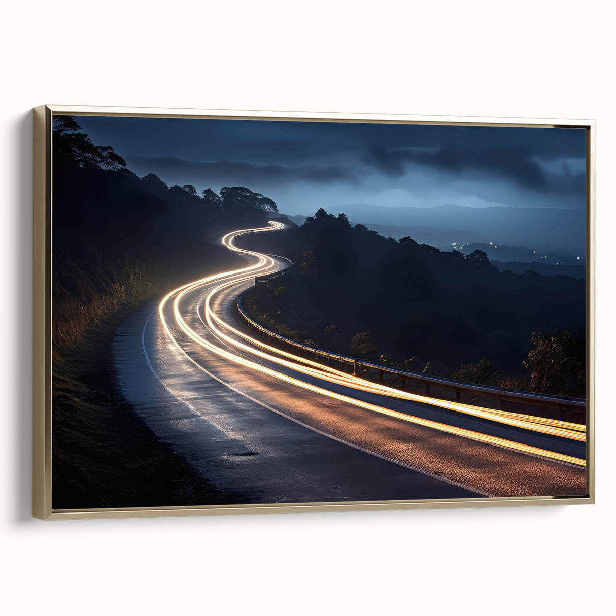 Framed canvas wall art showcasing a scenic landscape road design with gold accents, adding elegance to home decor. Ideal for modern and stylish interiors.