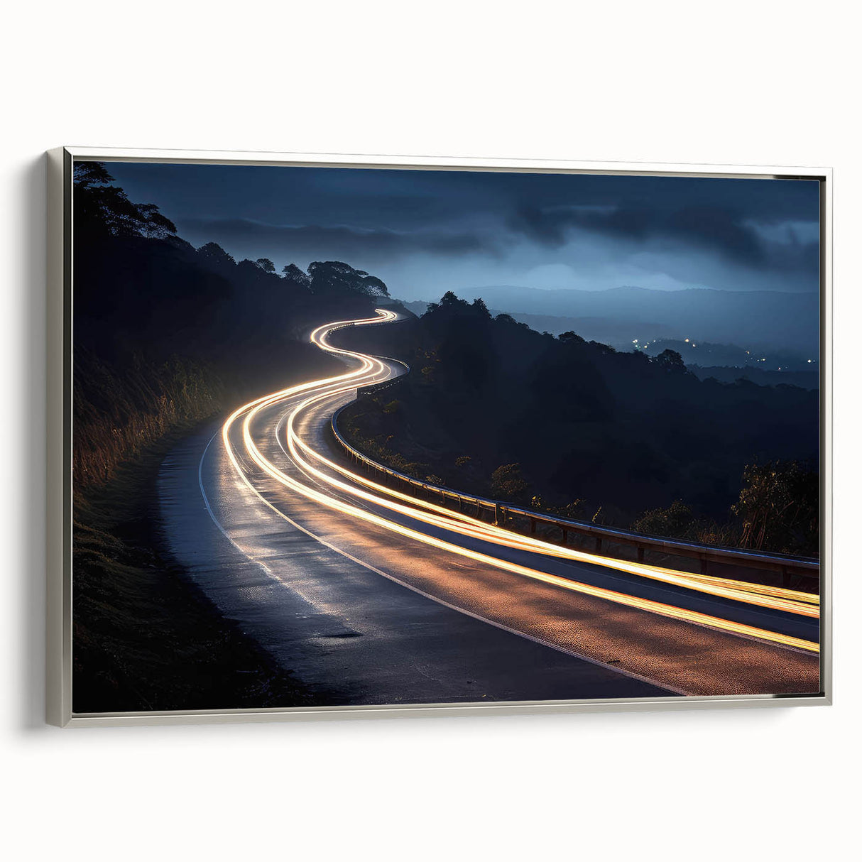 Framed canvas wall art showcasing a serene landscape with winding roads, featuring silver accents and a contemporary design, ideal for modern home decor.