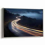 Framed canvas wall art showcasing a serene landscape with winding roads, featuring silver accents and a contemporary design, ideal for modern home decor.