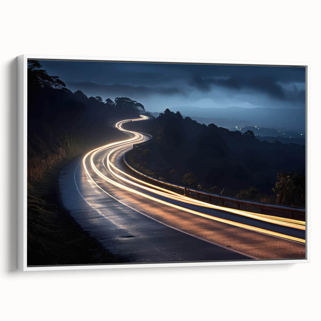 Framed canvas wall art showcasing a serene landscape road design, featuring vibrant colors and intricate details, ideal for enhancing home decor.