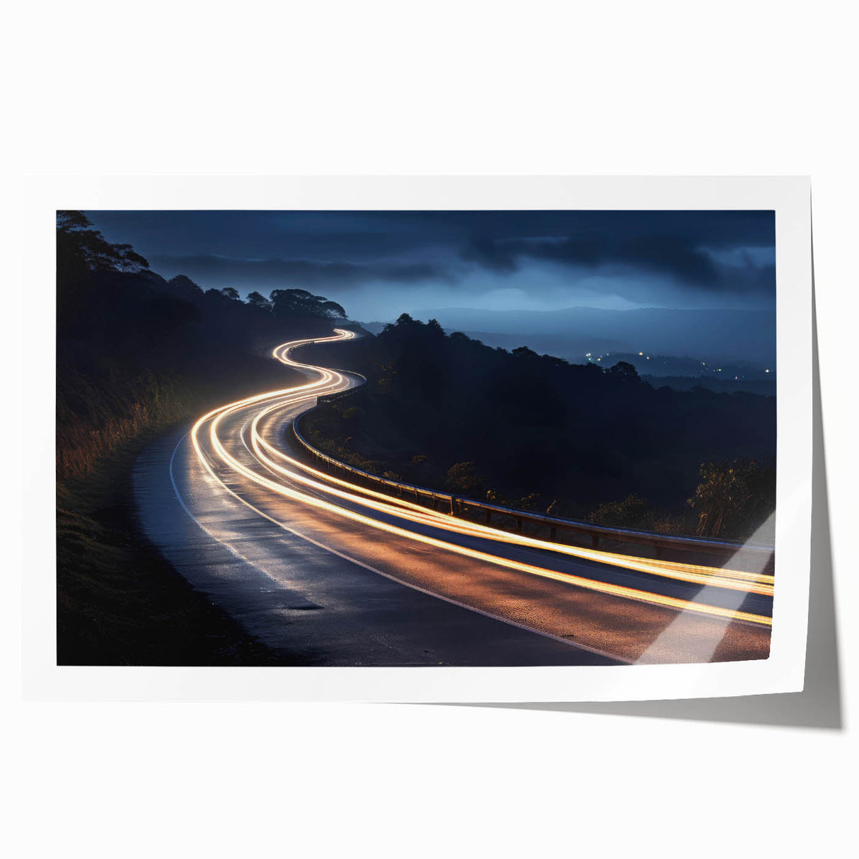 Vibrant rolled print of a scenic landscape road, showcasing lush greenery and a clear blue sky, perfect for home decor or art collection. Ideal for nature enthusiasts.