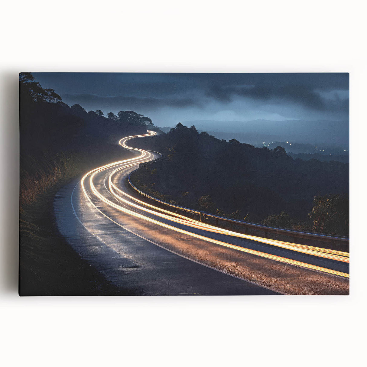 Stretched canvas wall art featuring a vibrant landscape design with winding roads and lush greenery, perfect for enhancing home decor and creating a serene atmosphere.
