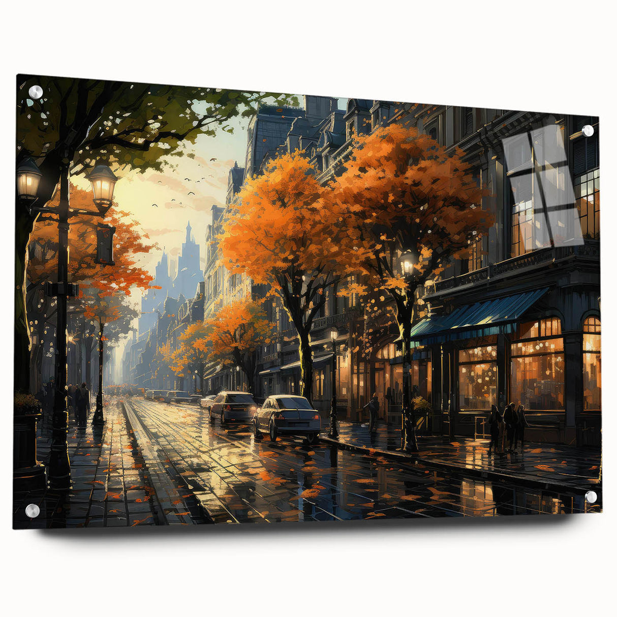 Acrylic glass wall art featuring a contemporary landscape design with vibrant colors and unique road patterns, displayed in a side view with pins, perfect for modern decor.