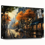Acrylic glass wall art featuring a contemporary landscape design with vibrant colors and unique road patterns, displayed in a side view with pins, perfect for modern decor.