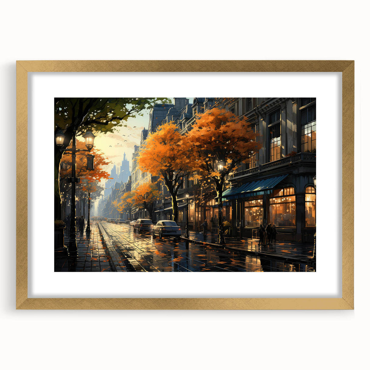 Framed wall art showcasing a serene landscape design with winding roads and vibrant colors, featuring a gold frame and mat. Ideal for enhancing home decor.