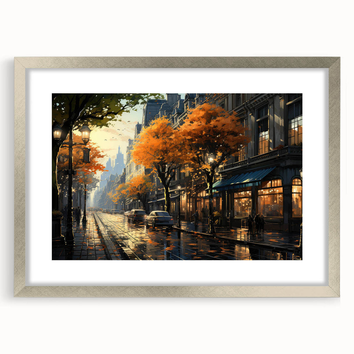 Framed silver wall art showcasing a scenic landscape road design, featuring a mat for added elegance. Perfect for modern home decor, enhancing any room's aesthetic.