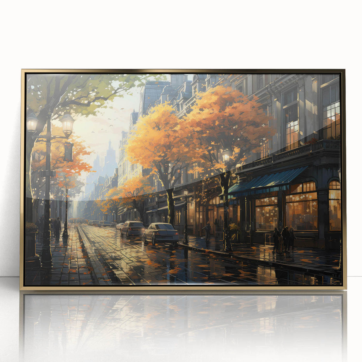 Framed acrylic wall art showcasing a stunning landscape design with golden accents, ideal for home decor, enhancing modern interiors with elegance and style.