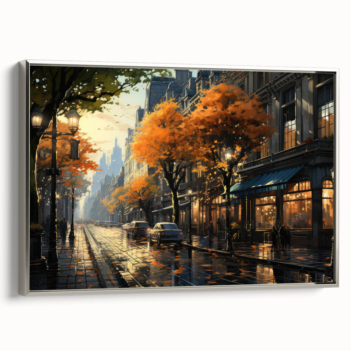 Framed canvas wall art showcasing a serene landscape with winding roads and lush greenery, accented by a sleek silver frame, perfect for home decor.